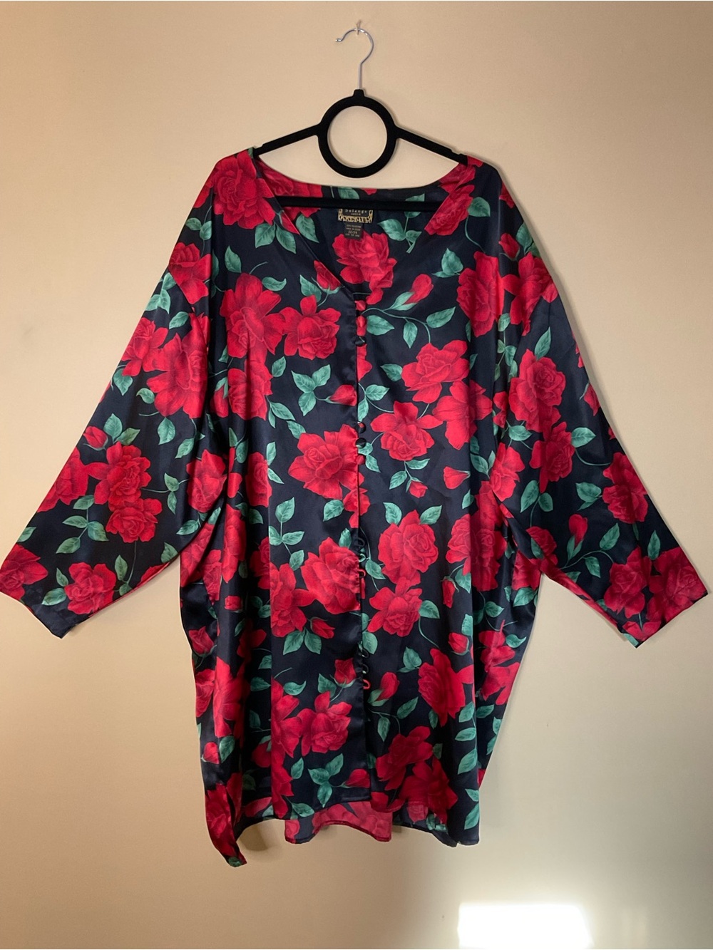 Solange Satin Long-Sleeve Satin Dress with Red Rose Print and Button Front